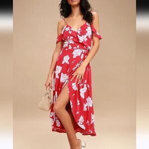 Lulu's Bouquet Blooms Red Floral Print Off-the-Shoulder Wrap Midi Dress Small